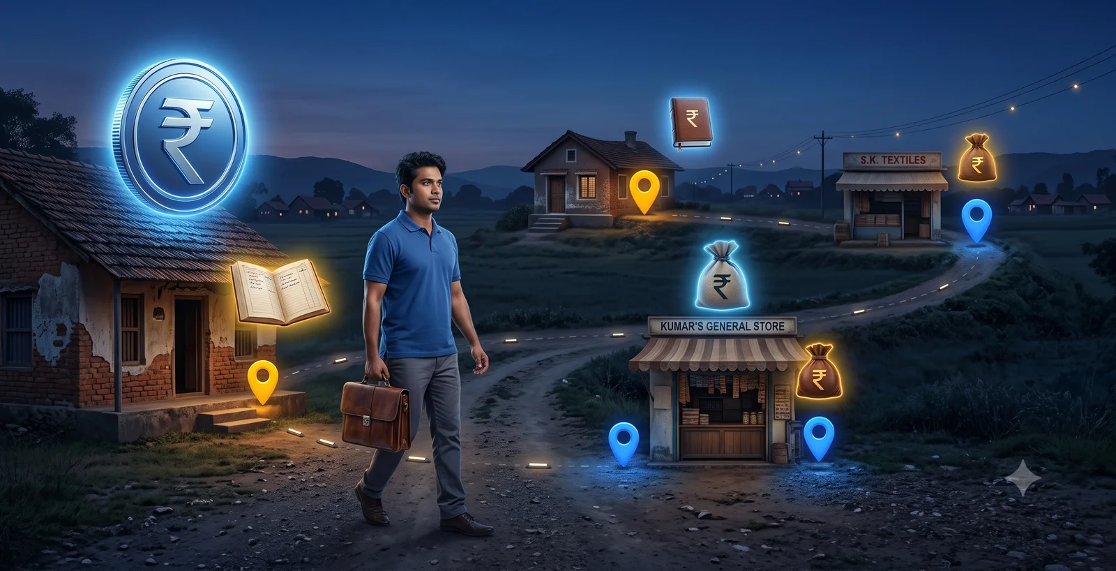 Illustration of a collection agent walking a doorstep collection route, visiting village homes and shops along the way